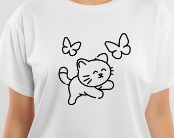 Line Art Cat T-Shirt, Butterfly Graphic, Unisex Cotton Tee