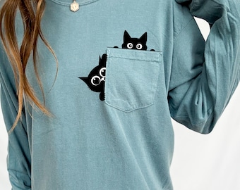 Black Cat Pocket T-Shirt, Cute Cat Graphic Long Sleeve T-Shirt, Funny Winking Cat T-Shirt, Gift for Cat Lovers, Comfort Colors Unisex Top