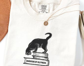 Black Cat Book T-Shirt, Literary Reader Tee, Whispers of Old Pages