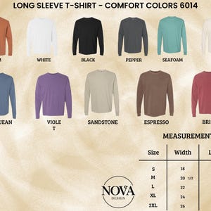 May include: A selection of long-sleeve t-shirts in various colors, including yam, white, black, pepper, seafoam, ivory, blue jean, violet, sandstone, espresso, and brick. The image also includes a size chart with measurements in inches for width and length.