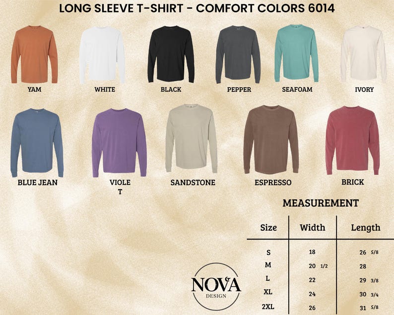 May include: A selection of long-sleeve t-shirts in various colors, including yam, white, black, pepper, seafoam, ivory, blue jean, violet, sandstone, espresso, and brick. The image also includes a size chart with measurements in inches for width and length.