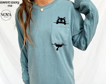 Funny Cat Pocket Shirt, Cute Peeking Kitty Long Sleeve Tee, Cat Lover Gift, Minimalist Black Cat T-Shirt, Whimsical Pet Owner Graphic Top