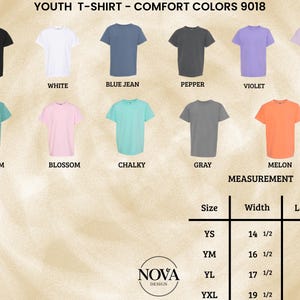 May include: A display of youth t-shirts in various colors, including black, white, blue jean, pepper, violet, orchid, seafoam, blossom, chalky, gray, and melon. The image also includes a size chart with measurements in inches.