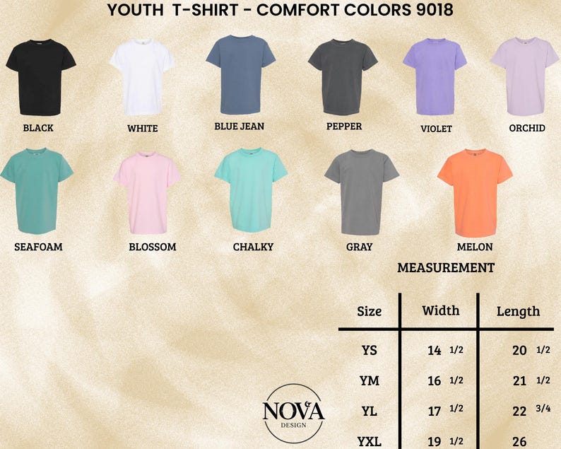May include: A display of youth t-shirts in various colors, including black, white, blue jean, pepper, violet, orchid, seafoam, blossom, chalky, gray, and melon. The image also includes a size chart with measurements in inches.