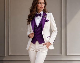 Weißer Damen-Hochzeitsanzug, dreiteilig, festlich, Slim Fit, mit dunkelvioletter Weste