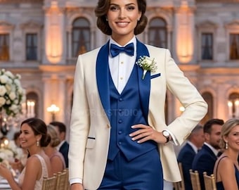 Women's Wedding Suits Three Piece Reception Suits Blue & Ivory Party Wear Outfits