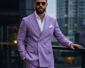 Gentlemen Classy Two Piece Suits Lavender Linen Party Wear & Business Men Tailored Suits
