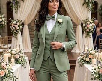 Peut inclure: Une personne porte un costume trois pièces vert sauge, une chemise blanche et un nœud papillon. Le costume comprend une veste, un gilet et un pantalon. Des talons blancs complètent l'ensemble. Décorations de mariage en arrière-plan.