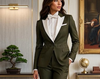 Conjunto de smoking feminino de duas peças: blazer e calça de corte slim para eventos formais.