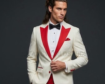Red & Ivory Party Wear Grooms Outfits 2-Piece Tuxedo Designer Tailored