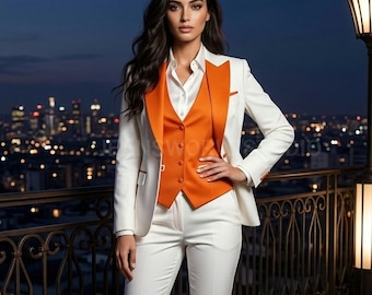 White & Orange Vest Tuxedo Party Wear Bridesmaid Outfits Three Piece