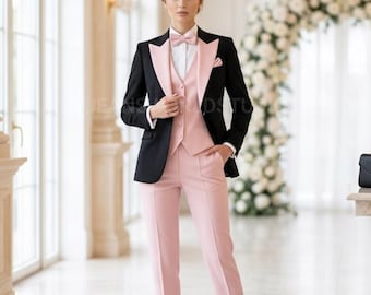 Women's Bridesmaid Pink Three Piece Designer Suits Wedding Outfits Black Blazer