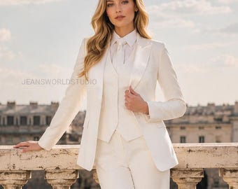 Women's Wedding Suits Three-Piece Set Straight Fit Pant off White Bridesmaid Suit Reception Outfit