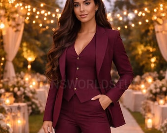Women's Three-Piece Wedding Suits Maroon Luxury Tailored Women Dresses