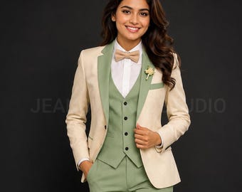 Peut inclure: Un costume trois-pièces composé d'un blazer couleur crème, d'un gilet vert sauge à quatre boutons noirs et d'un pantalon assorti vert sauge. La tenue comprend une chemise blanche à col, un nœud papillon beige et une petite broche florale.