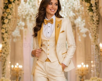 Creme Hochzeit Brautjungfer dreiteilige Anzüge elegante Slim Fit mit goldenen Revers Anzug