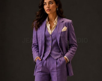 Trajes de tres piezas de lino puro color púrpura, ideales para la playa y bodas.
