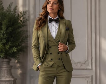 Dames Olijfgroen driedelig luxe bruiloftskostuum slim-fit feestoutfits