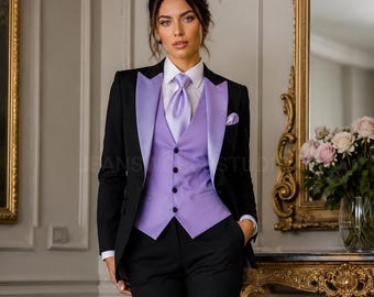 Women's Black Three-Piece Suit with Purple Vest – Peak Lapel Blazer, Tailored Trousers