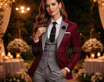 Women's Burgundy Grey Three-Piece Elegant Suits Wedding Dinner Outfits