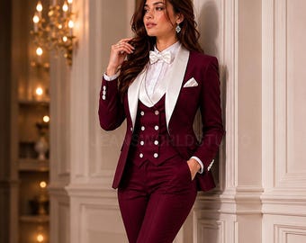 Peut inclure: Un costume trois-pièces bordeaux profond composé d'un blazer à revers châle en satin blanc, d'un gilet assorti à deux rangées de boutons blancs et d'un pantalon ajusté. L'ensemble comprend une chemise blanche et un nœud papillon blanc.