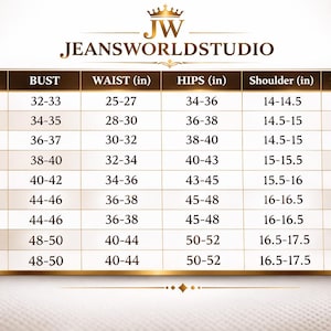 May include: A size chart for JEANSWORLDSTUDIO featuring a gold crown logo. The table lists sizes from XS to 3XL with corresponding measurements in inches for bust, waist, hips, shoulder, and sleeve length, presented in a clear grid format.