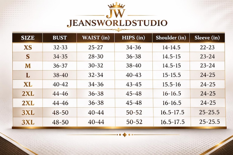 May include: A size chart for JEANSWORLDSTUDIO featuring a gold crown logo. The table lists sizes from XS to 3XL with corresponding measurements in inches for bust, waist, hips, shoulder, and sleeve length, presented in a clear grid format.