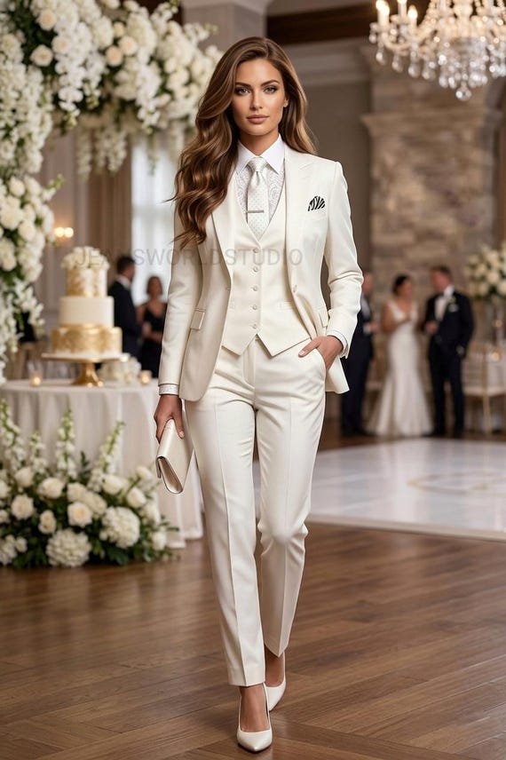 Women's Wedding Suits Three Piece Reception Suits Off White Party Wear Outfits