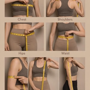 May include: A series of instructional images labelled JEANSWORLDSTUDIO demonstrating body measurements using a yellow measuring tape. The panels show techniques for measuring chest, shoulders, hips, waist, bicep, length, and sleeve in centimetres.