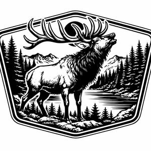 May include: Black and white illustration of a bull elk bugling, set within a hexagonal frame. The elk stands in a forest scene with mountains, trees, and a lake. The design is detailed and suitable for outdoor-themed products.