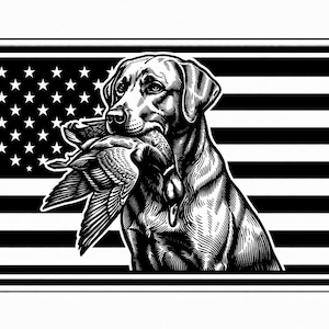 May include: Monochrome illustration of a Labrador Retriever with a bird in its mouth, set against a backdrop of the American flag. The image is framed within a rounded rectangle.