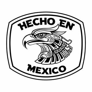 May include: A black and white graphic featuring an eagle's head with detailed Aztec patterns. The text "HECHO EN MEXICO" is above and below the eagle. The design is enclosed within a white-bordered shield shape.