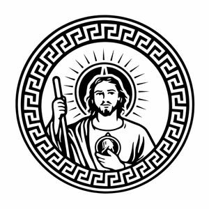 Peut inclure: Illustration en noir et blanc d'une figure religieuse dans un cercle. La figure porte une auréole et tient un bâton. Le cadre présente un motif de clé grecque.