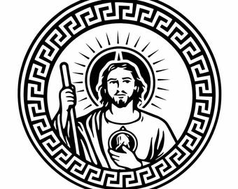May include: Black and white illustration of a religious figure within a circular frame. The figure has a halo and holds a staff. The frame features a Greek key design.