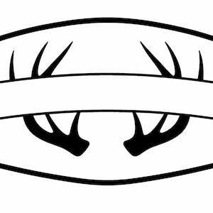Peut inclure: Logo noir et blanc avec une forme rectangulaire aux coins arrondis. Le design comprend des formes de bois de cerf stylisées au-dessus et en dessous d'une barre horizontale, créant un emblème symétrique inspiré de la nature.