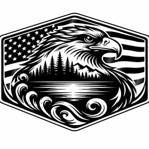 Könnte beinhalten: Schwarz-Weiß-Illustration eines Adlerkopfes, der amerikanischen Flagge, Bergen und Bäumen in einem sechseckigen Rahmen. Der Adler blickt nach rechts, mit detaillierten Federn und einem scharfen Schnabel. Der Hintergrund zeigt die US-Flagge.