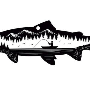 May include: A black and white illustration of a fish shape, featuring a landscape scene within. The scene depicts mountains, trees, a fisherman in a boat, and birds. Ideal for outdoor and fishing enthusiasts.