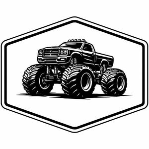 Op de afbeelding: Zwart-wit illustratie van een monstertruck in een zeshoekige lijst. De truck heeft oversized banden, een verhoogde ophanging en een gedetailleerde grille. Het ontwerp is een gedurfde, grafische weergave van een krachtig voertuig.