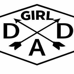May include: A black and white graphic design with the words "GIRL" and "DAD" and arrows crossing through the letters. The design is enclosed in a black hexagon shape.