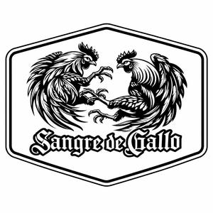 May include: Black and white illustration of two roosters facing each other, with their claws and beaks engaged in a fight. The image is framed within a white and black hexagonal border. The text "Sangre de Gallo" is displayed below the roosters.