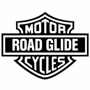 May include: Black and white motorcycle logo with the words "MOTOR ROAD GLIDE CYCLES" in a shield-shaped design. The text is in a bold, sans-serif font, with "MOTOR" at the top, "ROAD GLIDE" in the center, and "CYCLES" at the bottom.