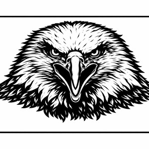 May include: A detailed black and white illustration of an eagle's head, facing forward with an open beak. The eagle's intense gaze and detailed feathering create a striking image, perfect for graphic designs or patriotic themes.