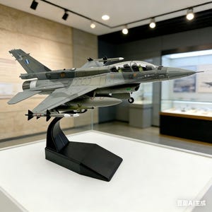 Könnte beinhalten: Ein detailliertes Modell eines grau-grünen Kampfflugzeugs, montiert auf einem schwarzen Ständer. Das Flugzeug weist komplizierte Details auf, darunter Raketen und ein Cockpit. Das Modell wird in einem Museumsumfeld ausgestellt und zeigt sein realistisches Design.