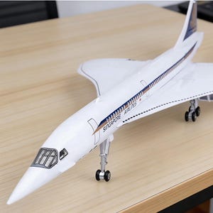 Può includere: Modello bianco di un aereo Singapore Airlines. Il modello ha un muso lungo e appuntito, ali e una pinna di coda. Le parole "Singapore Airlines" sono stampate sul lato.