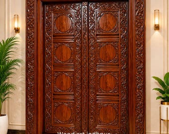 Hand Carved Wooden Double Door, Luxury Mahogany Entry Door, Traditional Indian Floral Carving Door, Antique Style Wooden Door