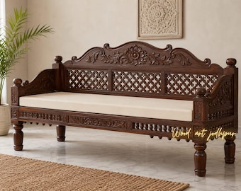Panca in legno di teak intagliata a mano | Divano letto di lusso in legno | Panca con decorazioni floreali Jali | Panca tradizionale indiana per l'ingresso | Panca per divano da soggiorno