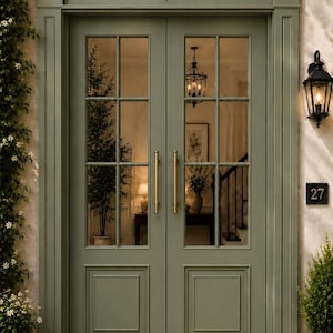 Elegant Sage Green French Double Entry Door | Luxury Exterior Front Door | Modern Classic Glass Panel Door | Custom Handmade Door