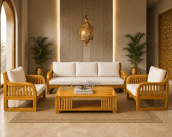 Conjunto de sofá moderno e luxuoso em madeira maciça com almofadas brancas | Móveis para sala de estar com acabamento dourado | Conjunto de sofá de madeira artesanal com mesa de centro