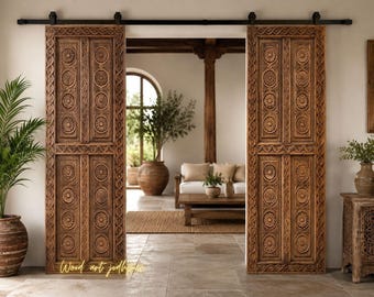 Puerta corredera rústica de madera de teca tallada a mano | Puerta interior de doble panel tallada | Puerta de estilo rústico mediterráneo bohemio