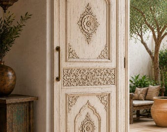 Antique White Hand Carved Teak Wood Door | Mediterranean Entry Door | Rustic Solid Wood Front Door | Custom Interior Exterior Door